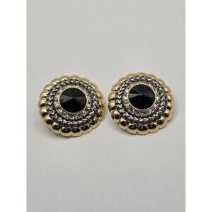 Vintage Gold & Siver Color w/ Black Stone Center Clip-On Earrings 1 1/2"